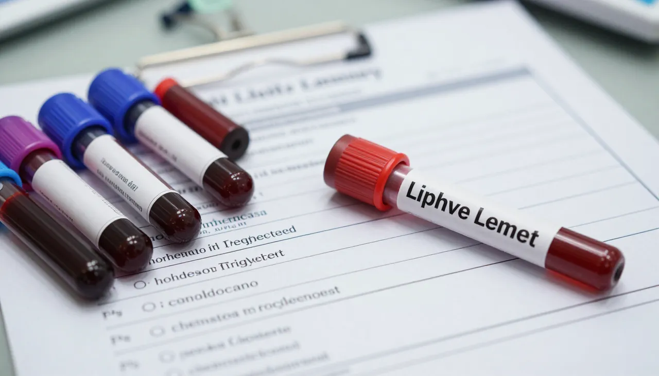 Blood sample tubes beside a lipid panel lab report showing abnormal cholesterol and triglyceride values at a Bhubaneswar clinic — Dyslipidaemia