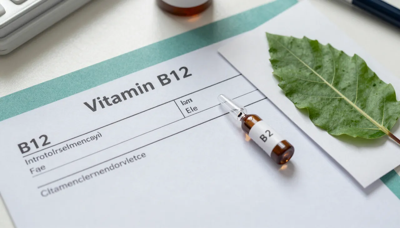 Vitamin B12 lab report showing a low value beside B12 supplement ampoules and a nerve-health leaflet at a Bhubaneswar clinic — Vitamin B12 Deficiency