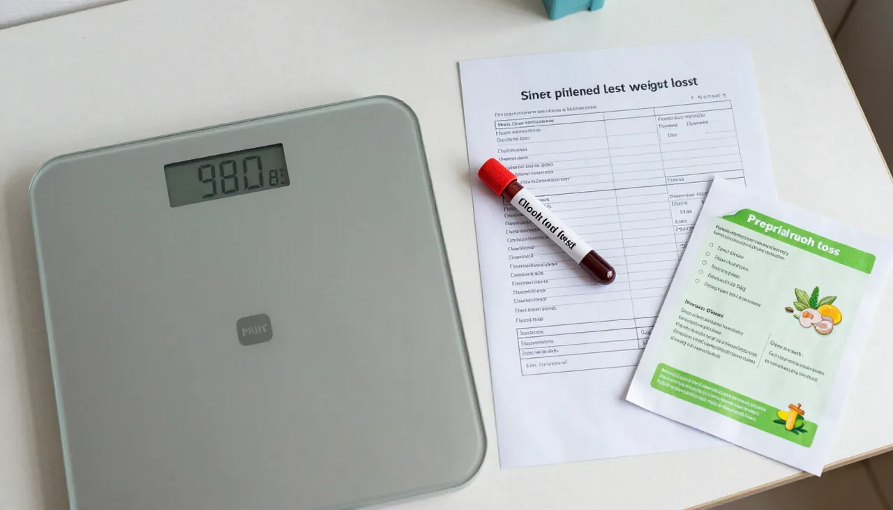 Bathroom scale showing weight loss beside a general-health blood test report and a nutrition leaflet at a Bhubaneswar clinic — Unexplained Weight Loss