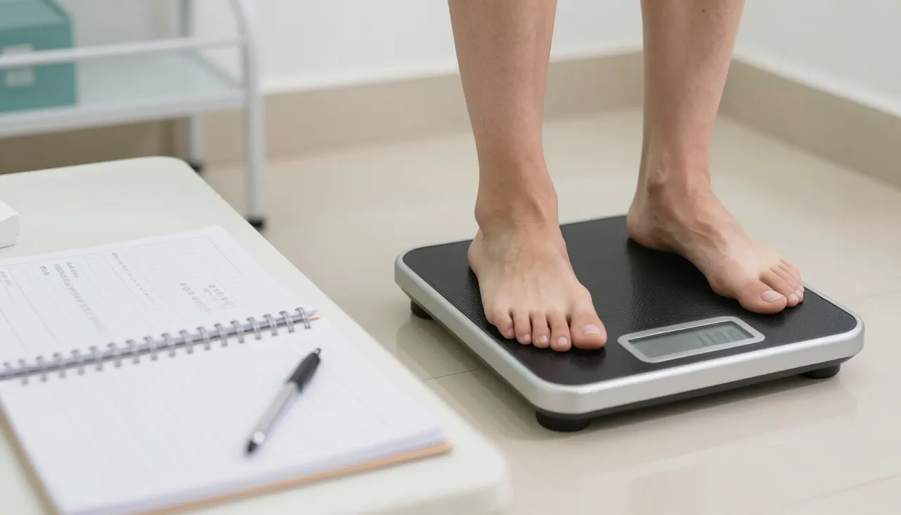 Person stepping off a bathroom scale with a frustrated expression beside a diet and exercise diary at a Bhubaneswar clinic — Difficulty Losing Weight