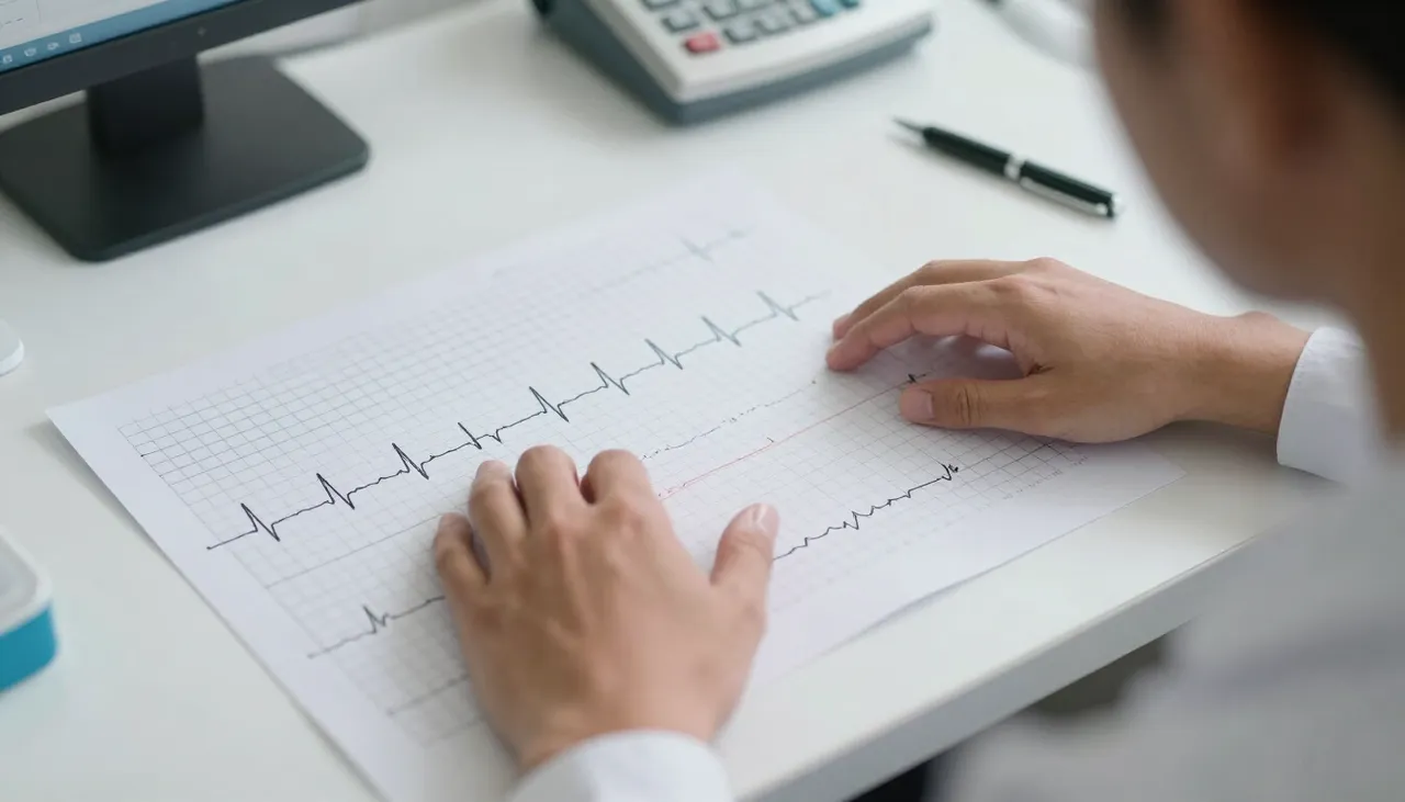 Person pressing the chest with an irregular-rhythm ECG strip and a heart-rhythm illustration at a Bhubaneswar clinic — Irregular Heartbeat Sensation