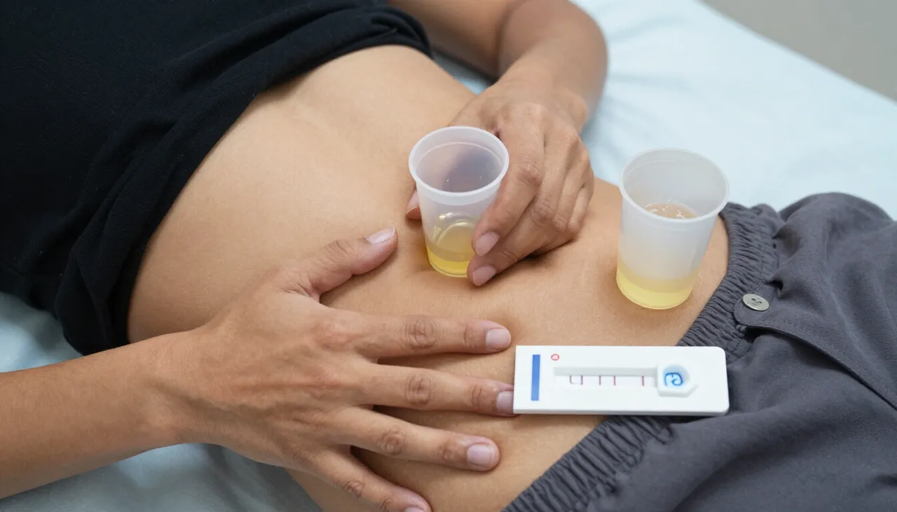 Person pressing the lower abdomen in discomfort beside a urine sample cup and a UTI reference card at a Bhubaneswar clinic — Burning Urination