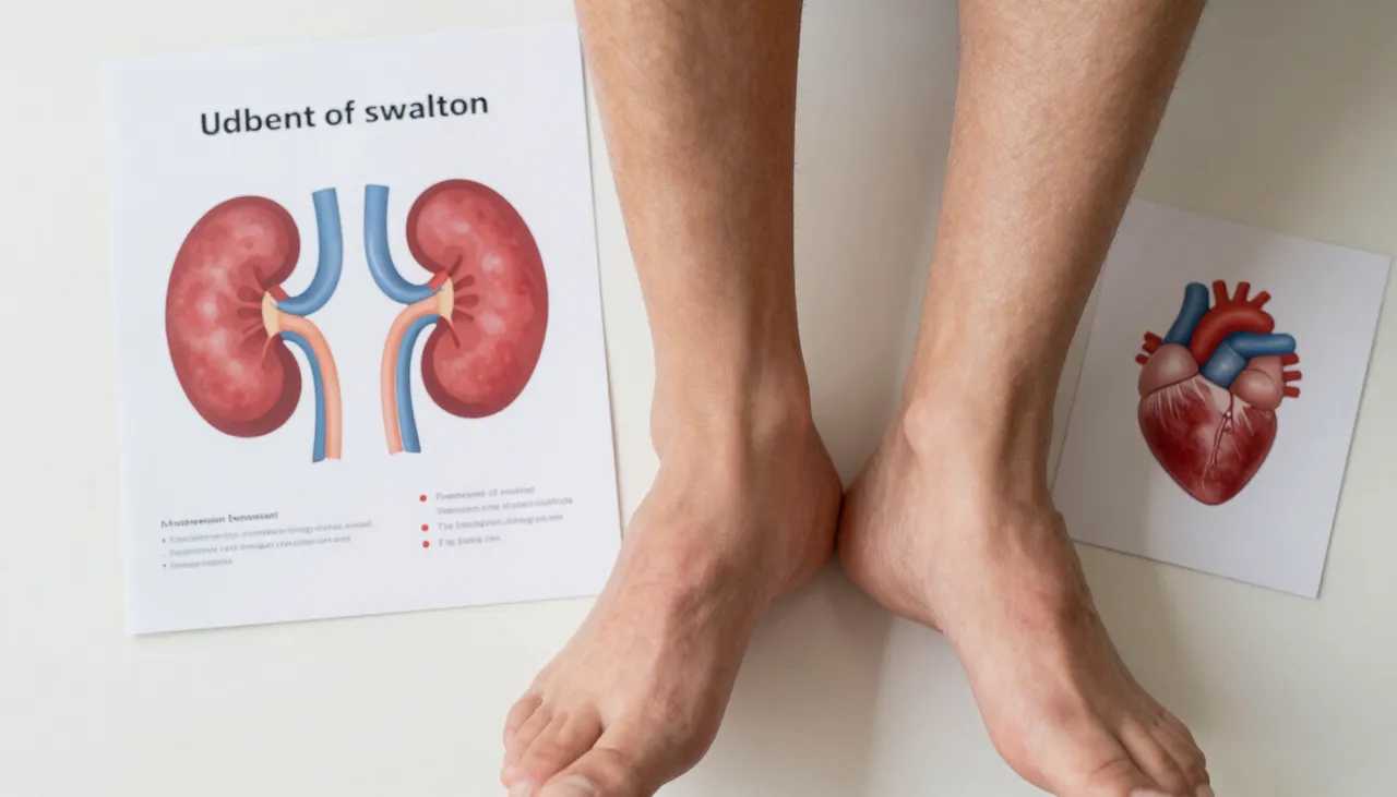 Person with both swollen lower legs beside a bilateral-leg-swelling diagram and a kidney and heart reference card at a Bhubaneswar clinic — Bilateral Leg Swelling