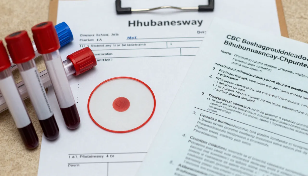 CBC lab report with a low platelet count circled beside blood sample tubes and a bleeding-precautions leaflet at a Bhubaneswar clinic — Low Platelet Count