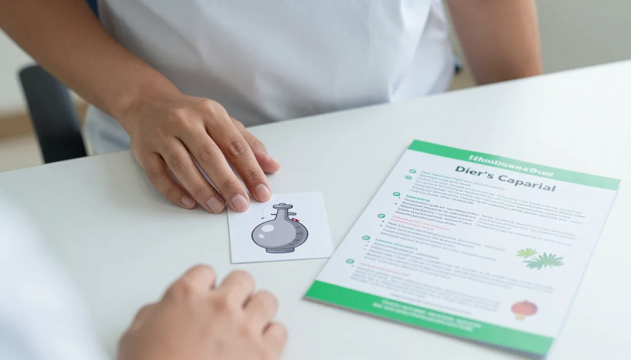 Person pressing the lower abdomen with a gas and flatulence illustration card and a dietary advice leaflet at a Bhubaneswar clinic — Gas and Flatulence