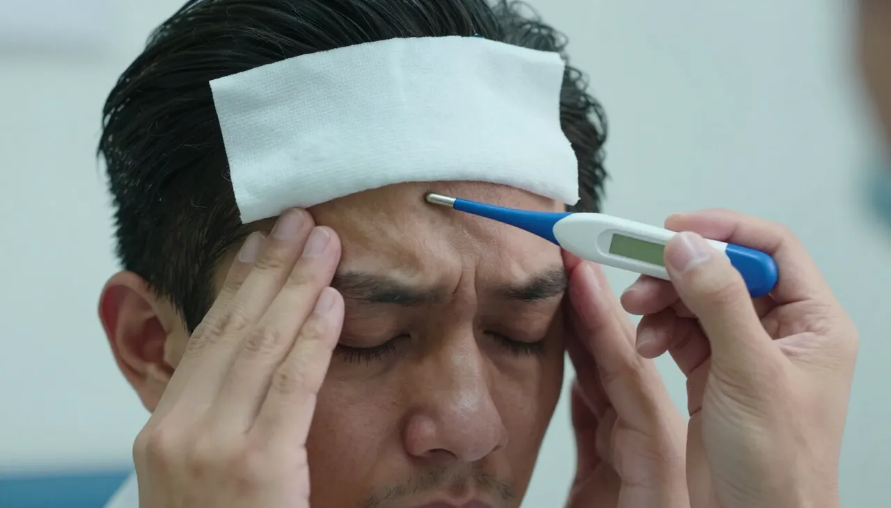 Person pressing the forehead and temples with a high-reading thermometer and cold compress at a Bhubaneswar clinic — Fever with Headache