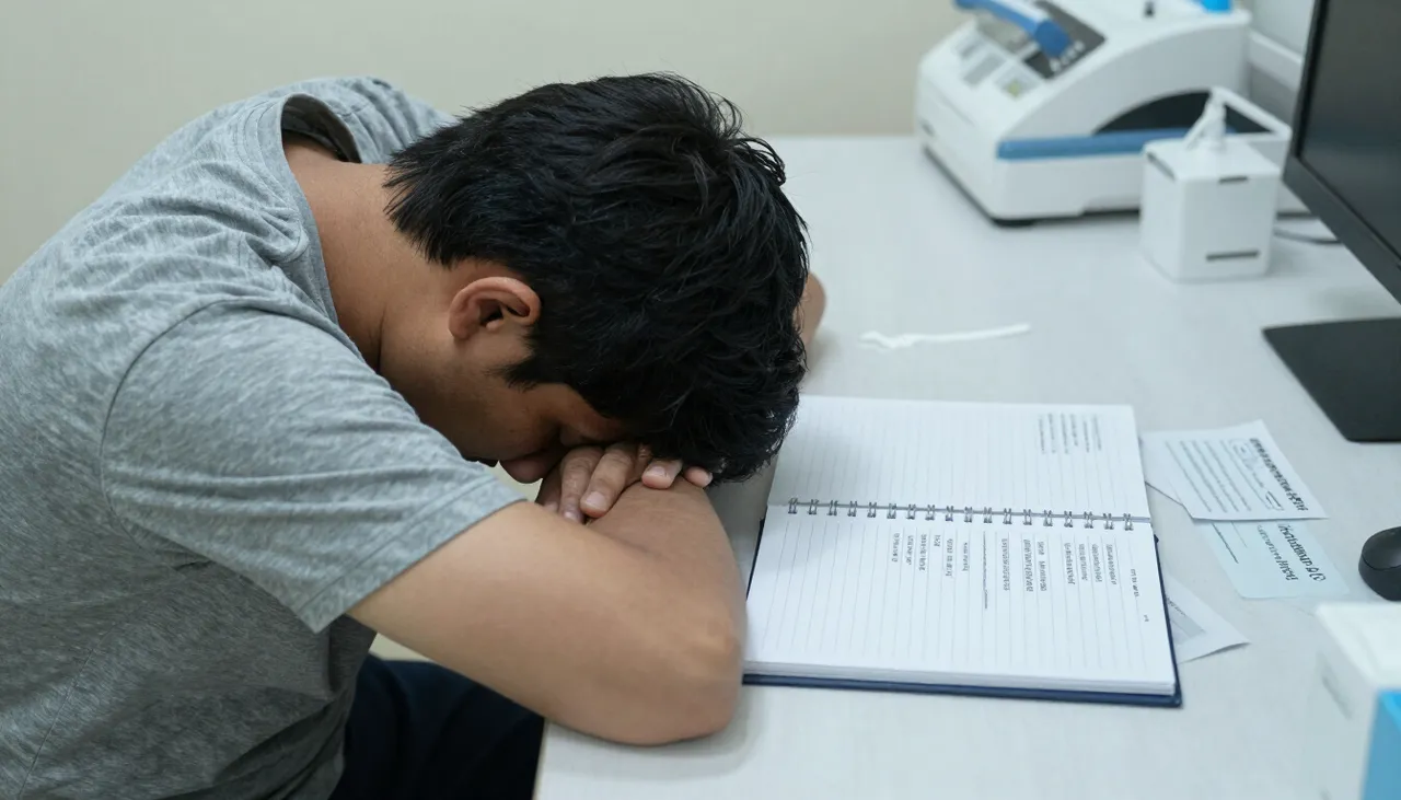 Tired person slumping in a chair with a fatigue diary and a general-health check leaflet at a Bhubaneswar clinic — Fatigue