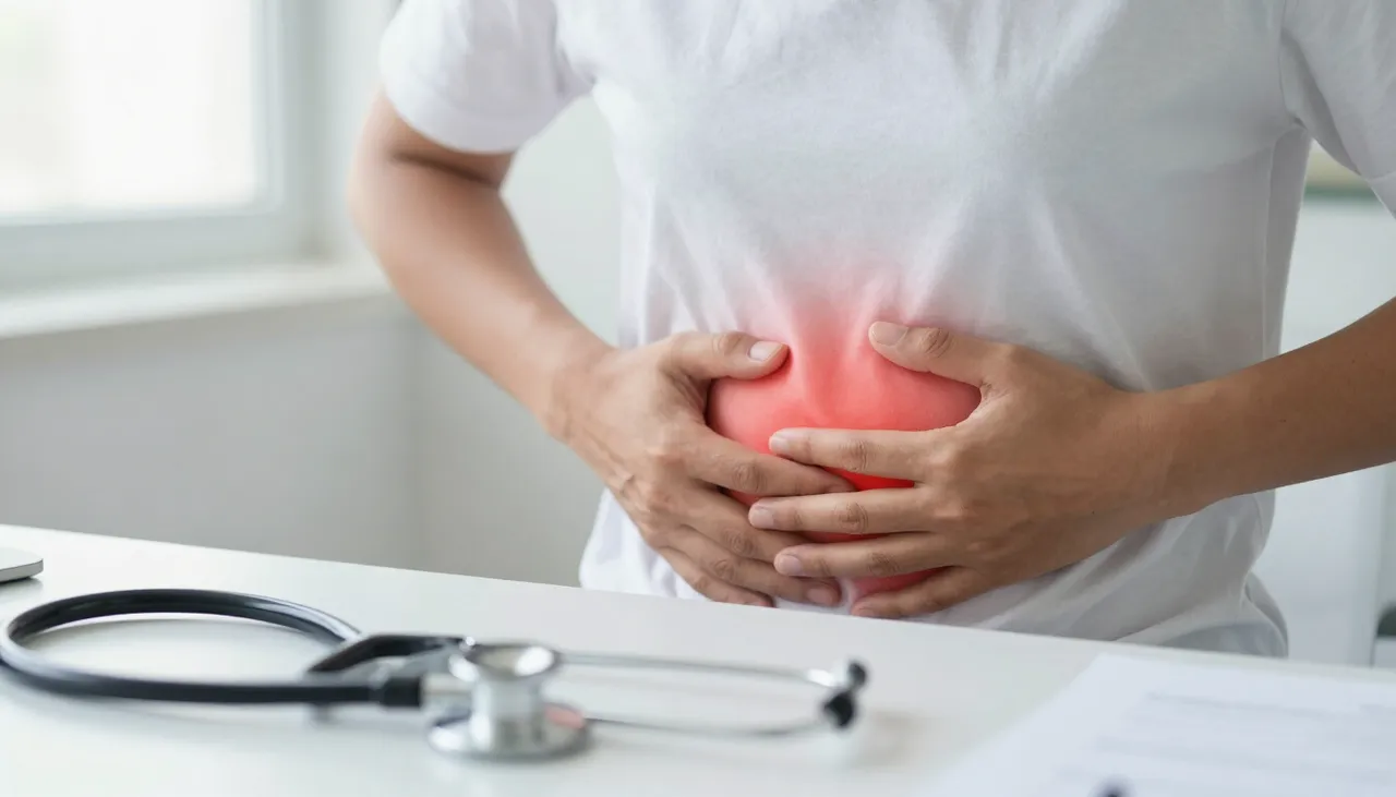 Person holding the central abdomen in discomfort with a pain-location diagram and stethoscope at a Bhubaneswar clinic — Abdominal Pain