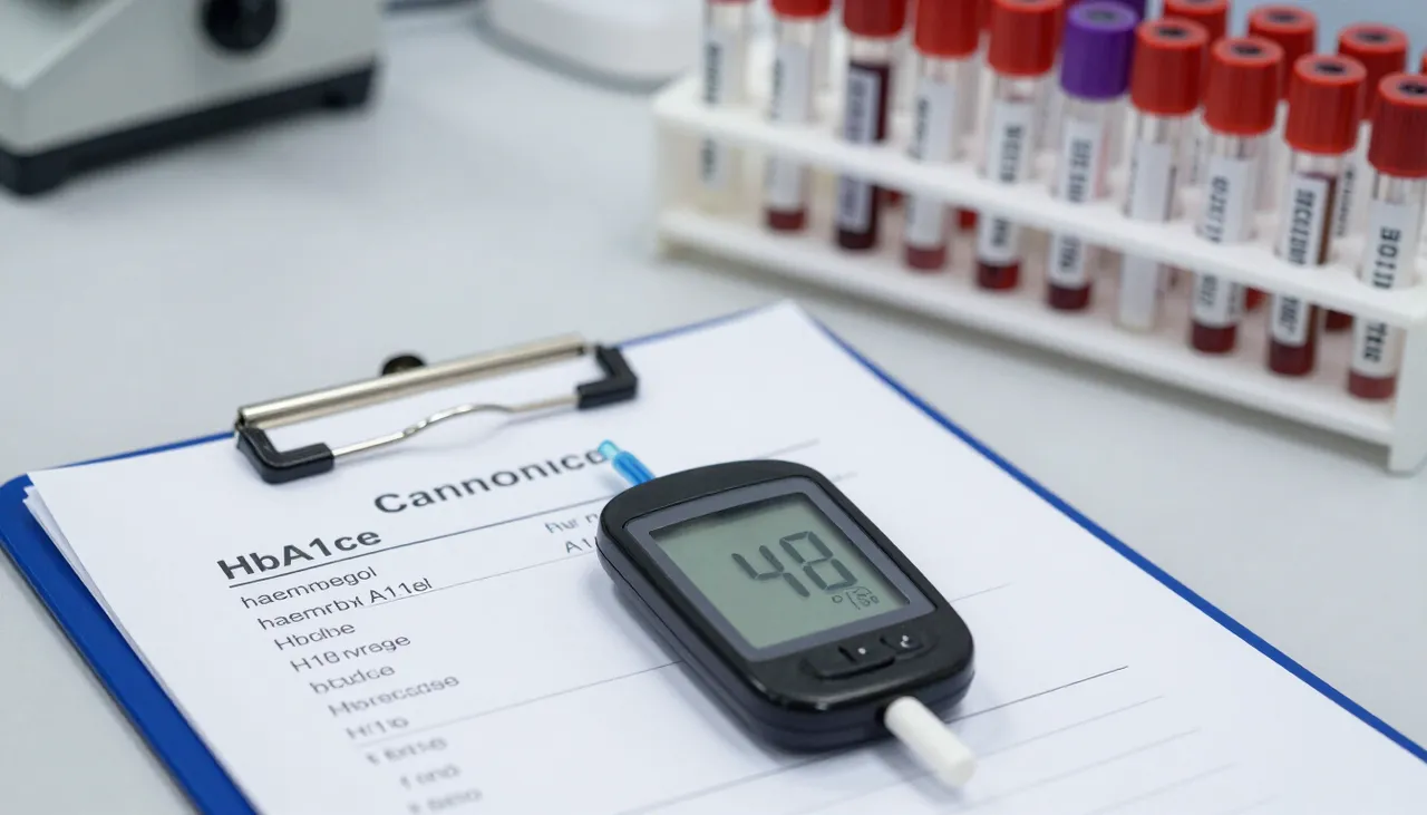 Laboratory HbA1c report printout on a clipboard showing a high percentage value at a Bhubaneswar clinic — Uncontrolled Diabetes assessment
