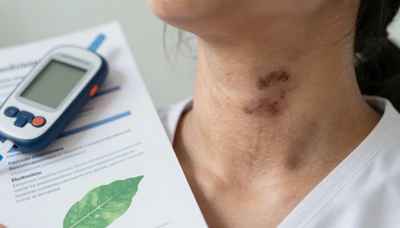 Close-up of dark velvety acanthosis nigricans patches on the neck fold beside an insulin-resistance leaflet and a glucometer at a Bhubaneswar clinic — Acanthosis Nigricans