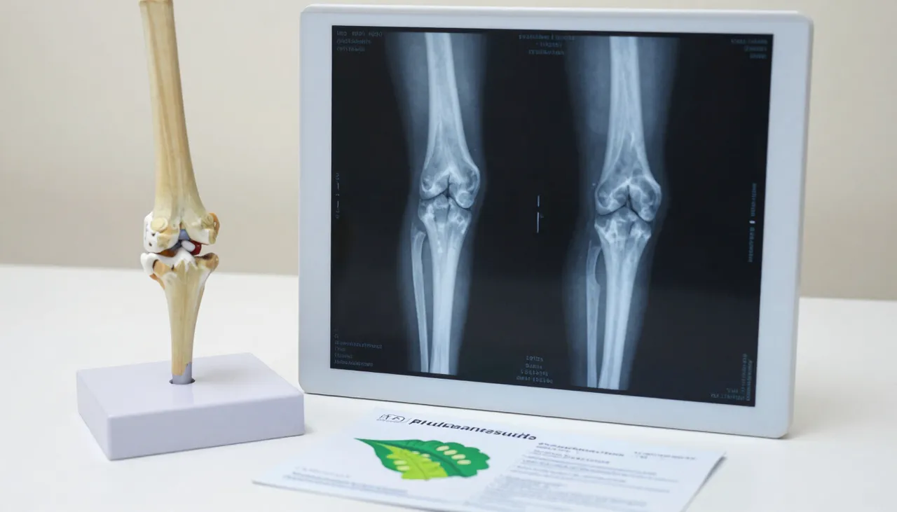 Knee X-ray film showing joint-space narrowing on a light box beside a joint model and an osteoarthritis leaflet at a Bhubaneswar clinic — Osteoarthritis