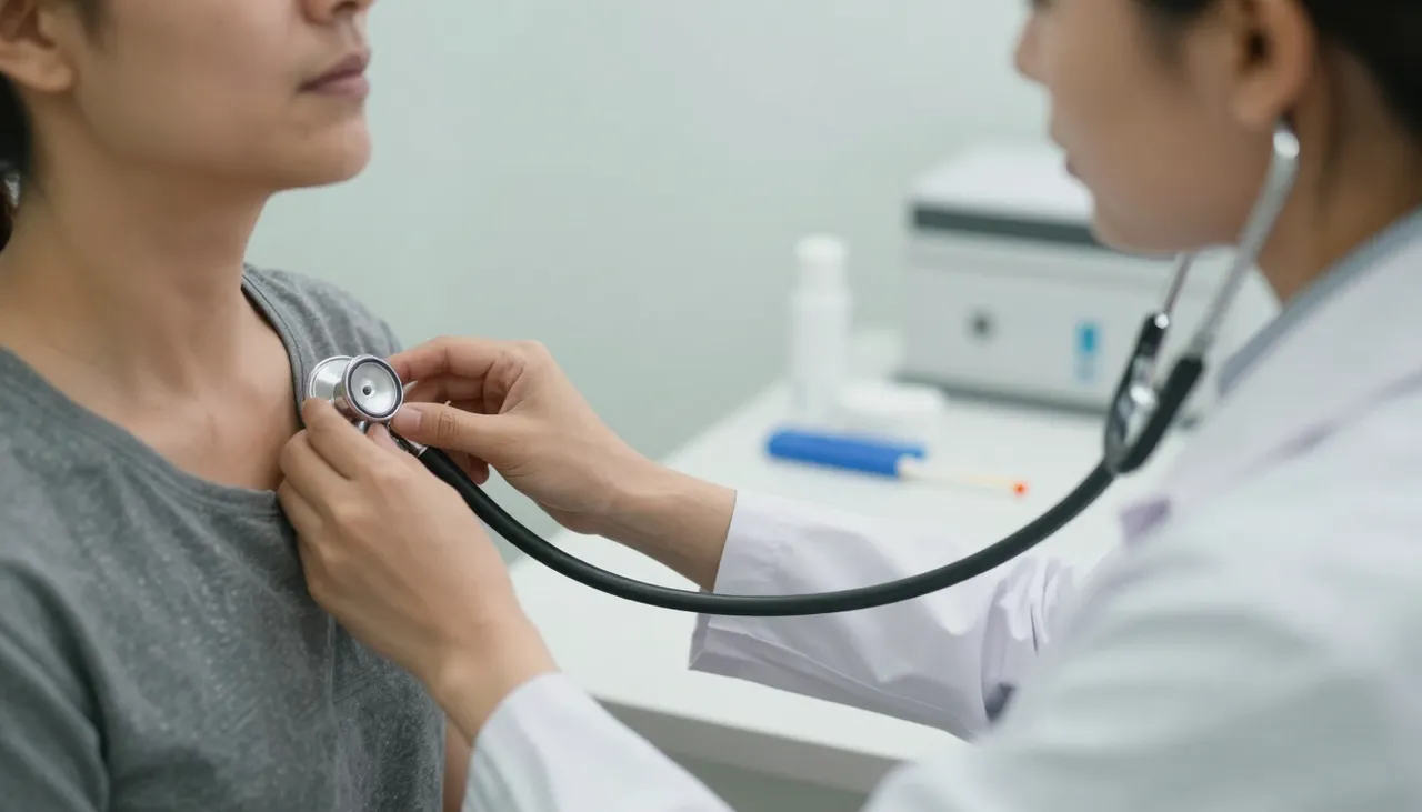 Doctor examining a patient’s throat and chest with a stethoscope, throat swab kit and rapid test strip at a Bhubaneswar clinic — Respiratory Tract Infection