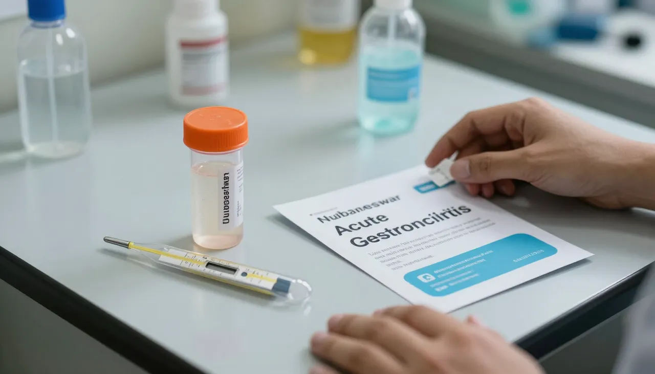 Oral rehydration salts, a stool sample container and a hand-hygiene leaflet beside a thermometer at a Bhubaneswar clinic — Acute Gastroenteritis