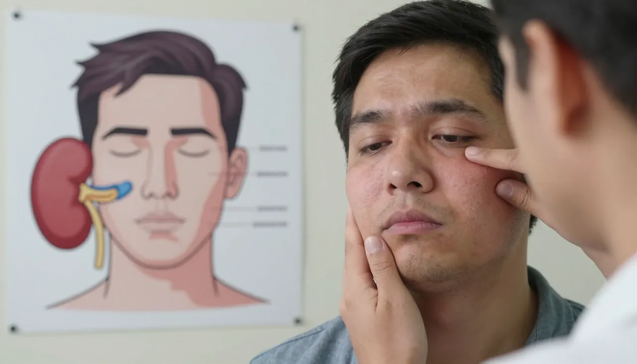 Person touching a puffy swollen face beside a facial-swelling illustration and a kidney and thyroid reference card at a Bhubaneswar clinic — Facial Swelling