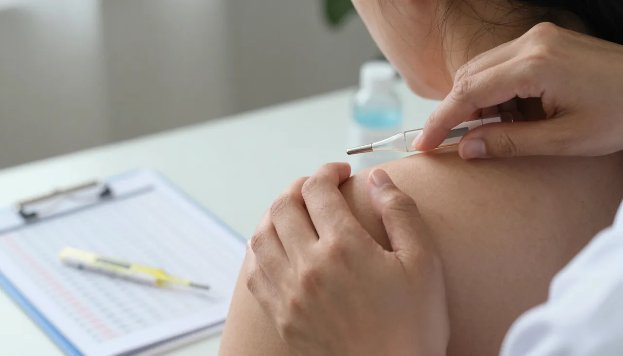 Person rubbing aching shoulders with a thermometer and a fever symptom chart at a Bhubaneswar clinic — Fever with Body Ache