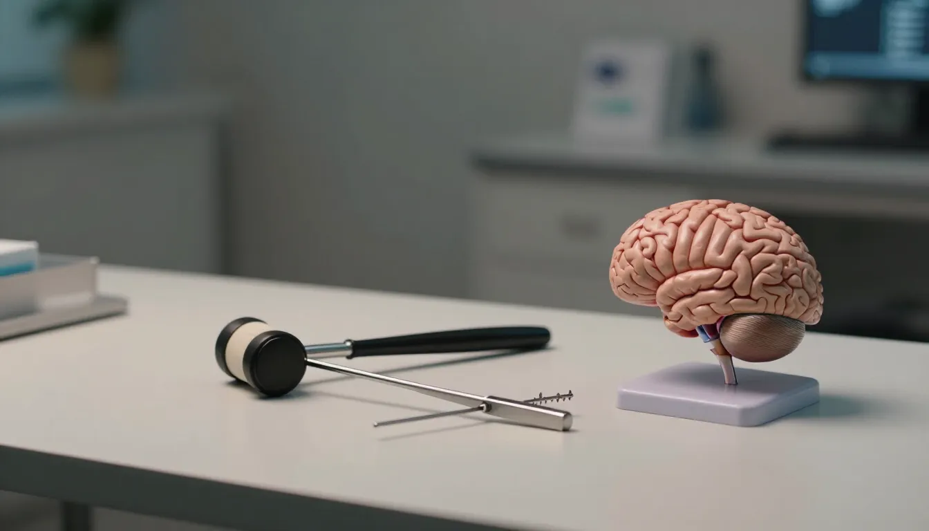 Neurology examination tools including reflex hammer and brain model for headache and migraine assessment at Glucomind Clinic, Bhubaneswar