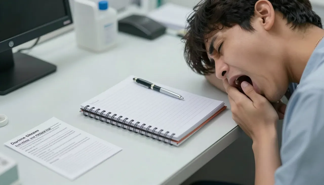 Person yawning and looking drowsy beside a sleep diary and a daytime-sleepiness reference card at a Bhubaneswar clinic — Excessive Sleepiness