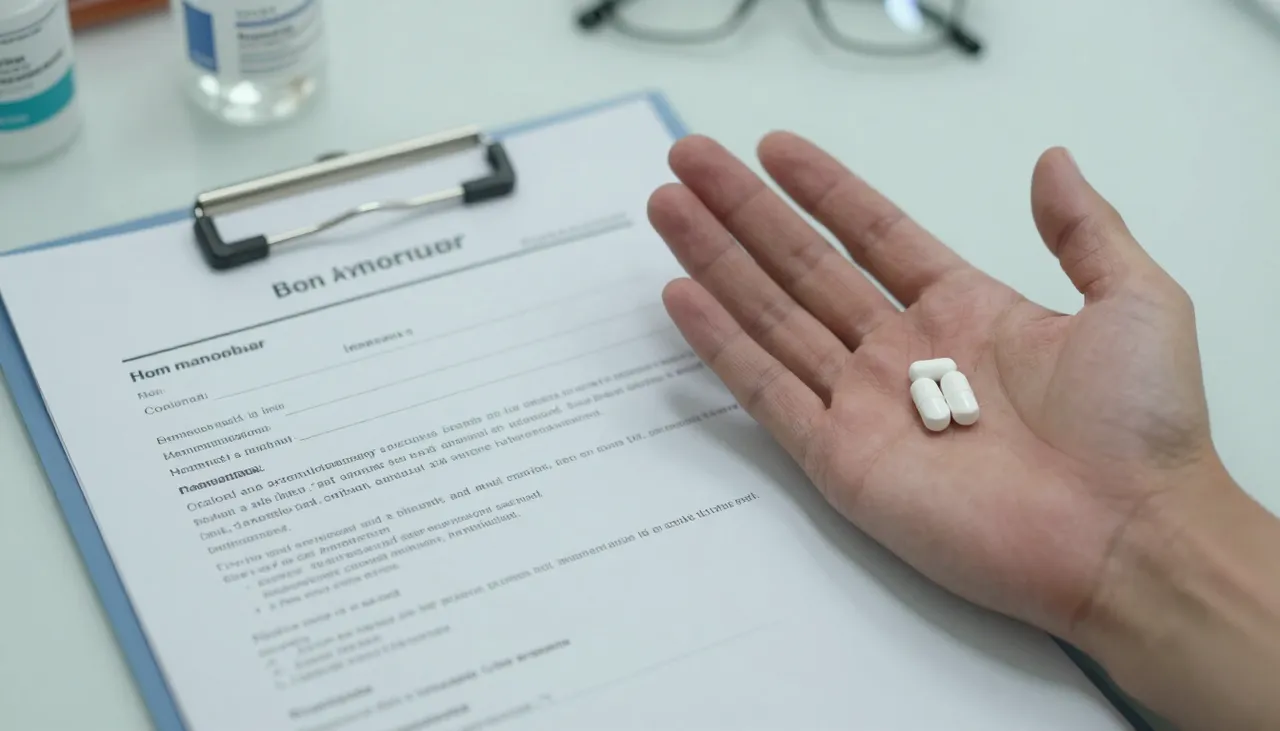 Lab report showing low haemoglobin beside a pale palm reference card and iron supplement tablets at a Bhubaneswar clinic — Anaemia