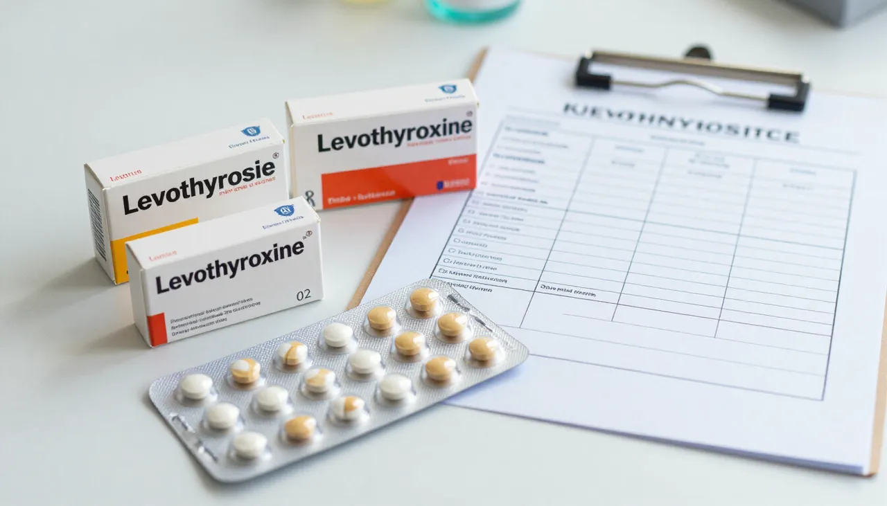 Levothyroxine tablet boxes and blister packs beside a thyroid lab report and medication review checklist at a Bhubaneswar clinic — Thyroid Medication Review