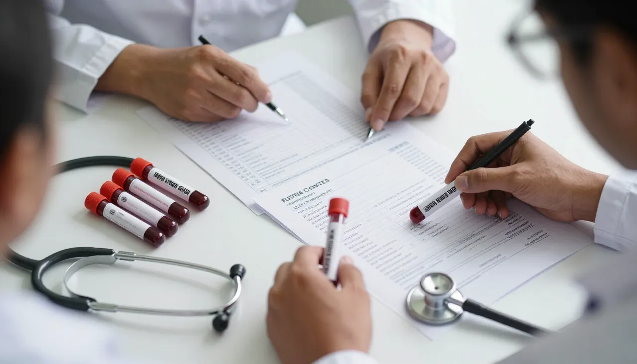 Group of blood count lab reports with multiple flagged values beside blood sample tubes and a stethoscope at a Bhubaneswar clinic — Abnormal Blood Counts