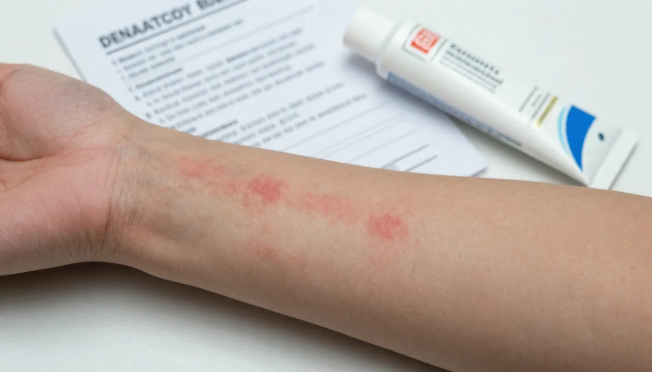 Close-up of a red patchy skin rash on a forearm beside a dermatology reference card and a moisturiser tube at a Bhubaneswar clinic — Skin Rash