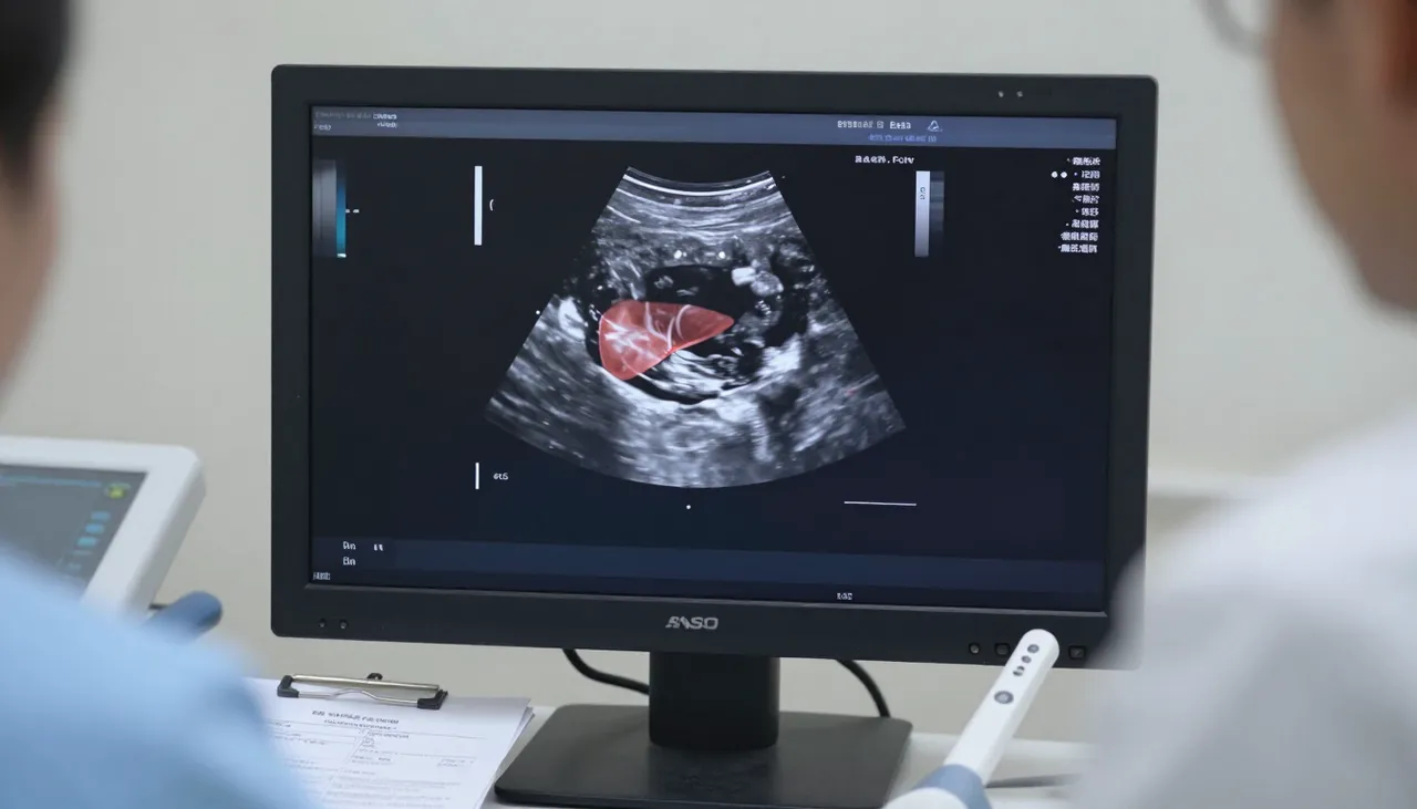 Abdominal ultrasound scan image on a monitor showing a bright fatty liver beside an ultrasound probe and a lab report at a Bhubaneswar clinic — Abnormal Ultrasound Showing Fatty Liver