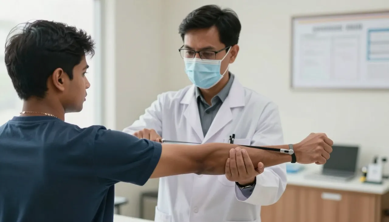 Doctor testing muscle strength by asking the patient to push against resistance in the arm at a Bhubaneswar clinic — Weakness