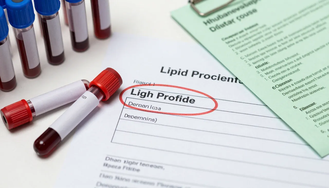 Lipid profile lab report with a high triglycerides value circled beside blood sample tubes and a dietary advice leaflet at a Bhubaneswar clinic — High Triglycerides