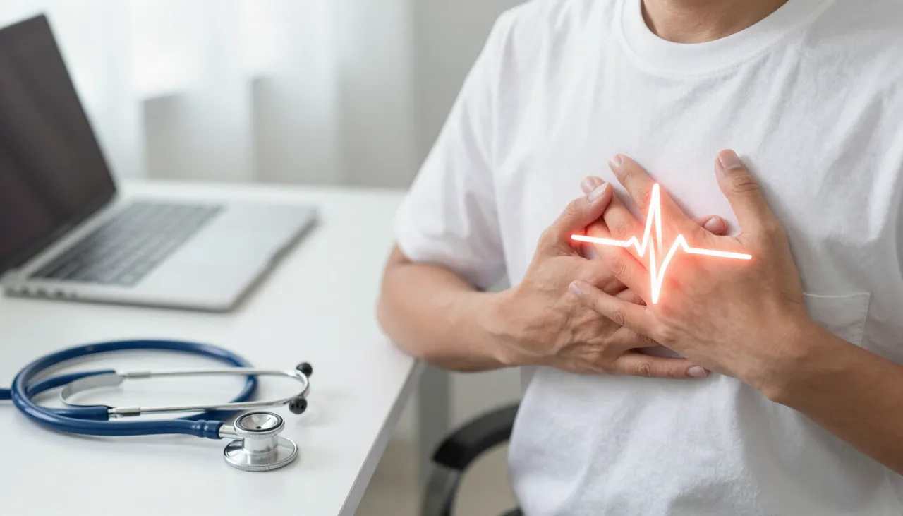 Person with a hand over the heart area with a heartbeat-awareness illustration and a stethoscope at a Bhubaneswar clinic — Awareness of Heartbeat