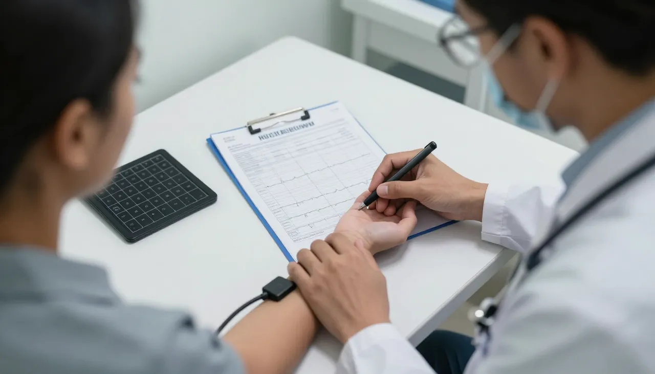 Doctor checking a patient’s pulse at the wrist with a thyroid lab report and ECG strip at a Bhubaneswar clinic — Thyroid-related Palpitations