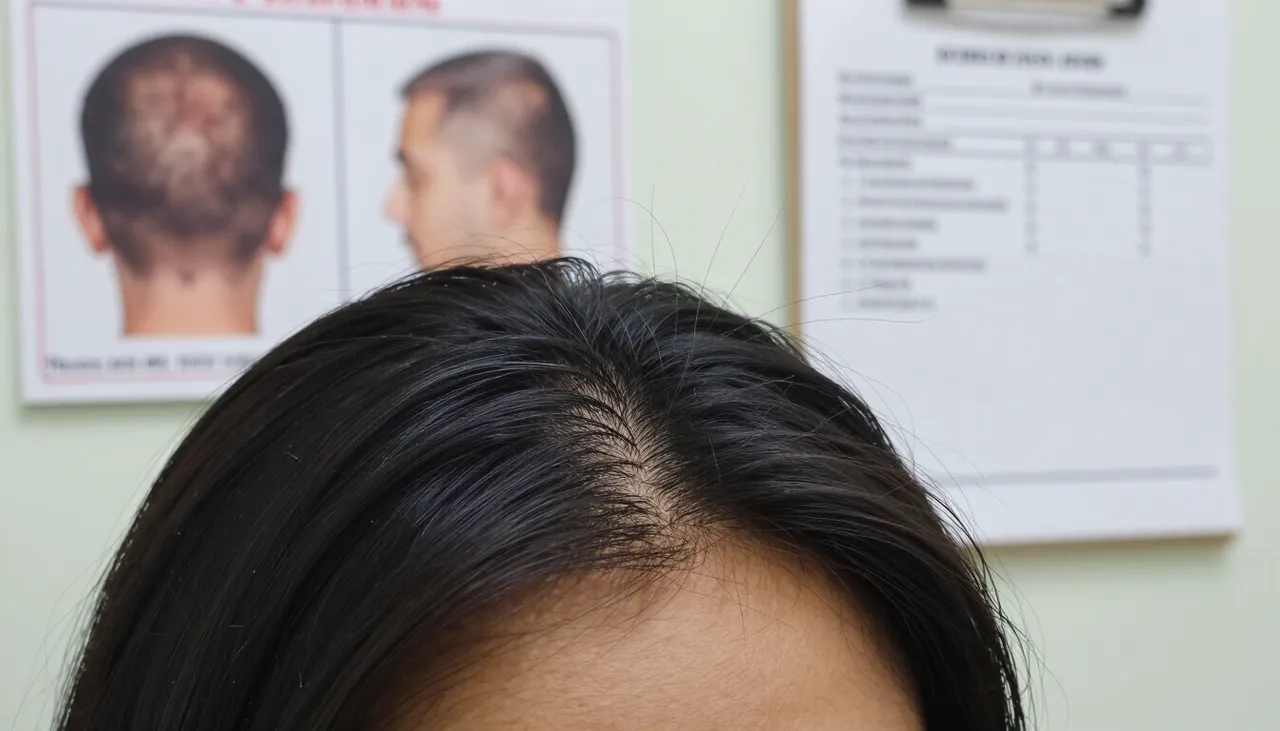 Close-up of a thinning hairline and hair strands on a comb beside a hair-loss reference card and a thyroid lab report at a Bhubaneswar clinic — Hair Loss
