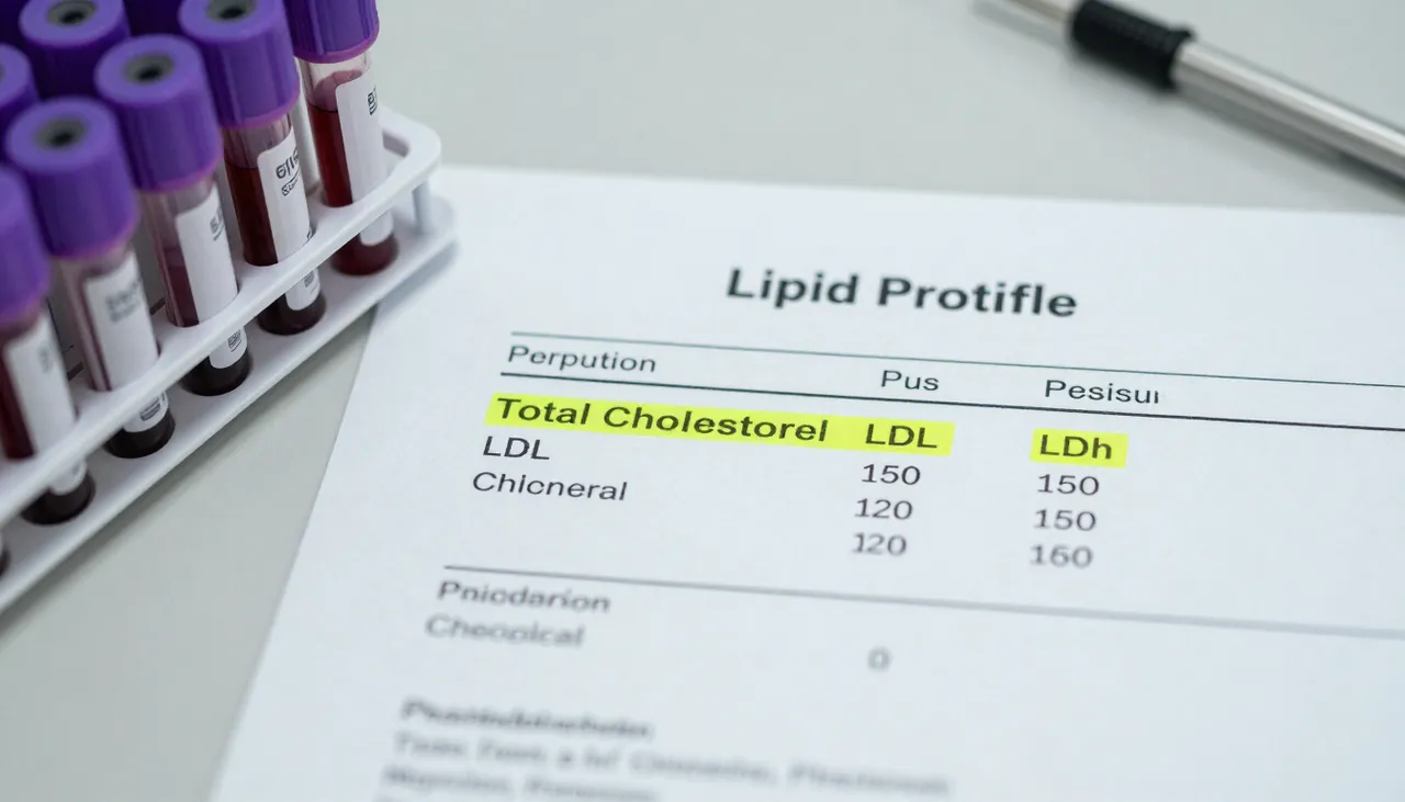 Lipid profile lab report with total cholesterol and LDL values highlighted high beside blood sample tubes at a Bhubaneswar clinic — High Cholesterol