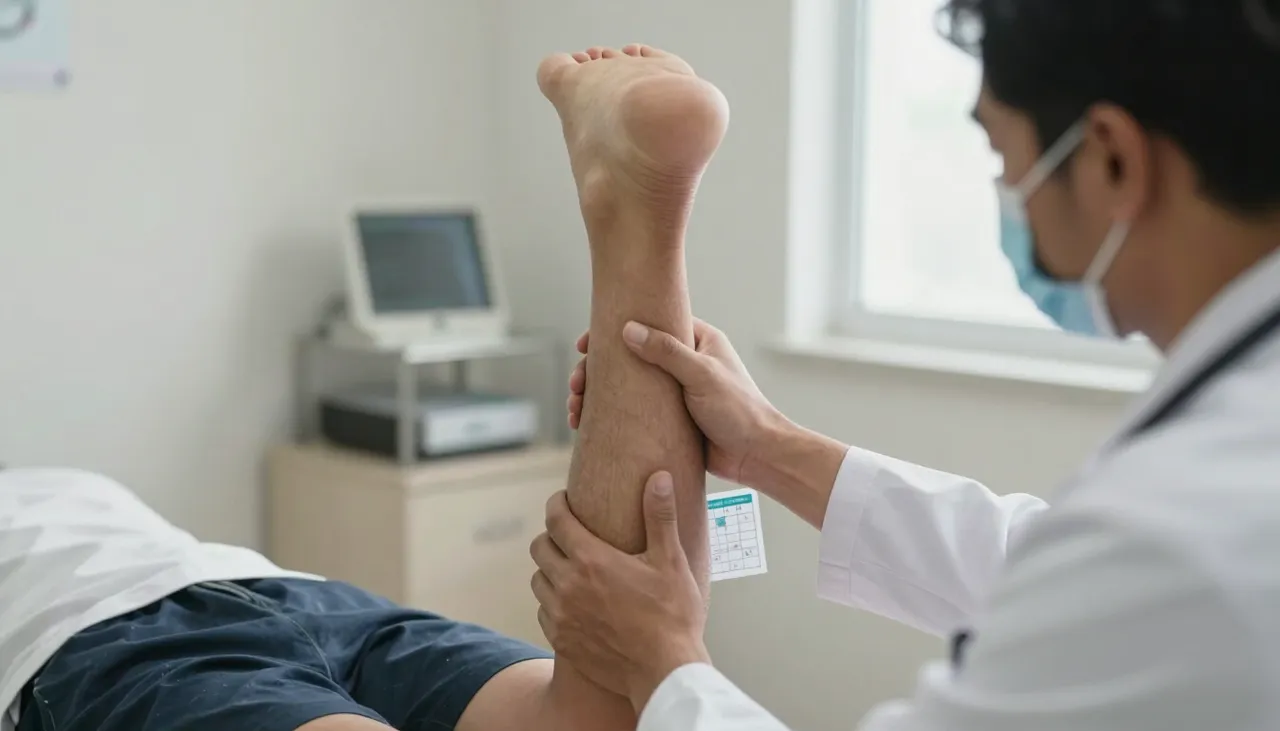 Doctor testing muscle strength by pressing down on the patient’s raised leg with a muscle weakness assessment chart at a Bhubaneswar clinic — Muscle Weakness