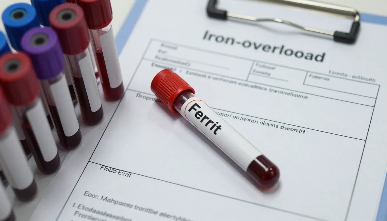 Ferritin lab report with an elevated value circled beside blood sample tubes and an iron-overload reference card at a Bhubaneswar clinic — Elevated Ferritin