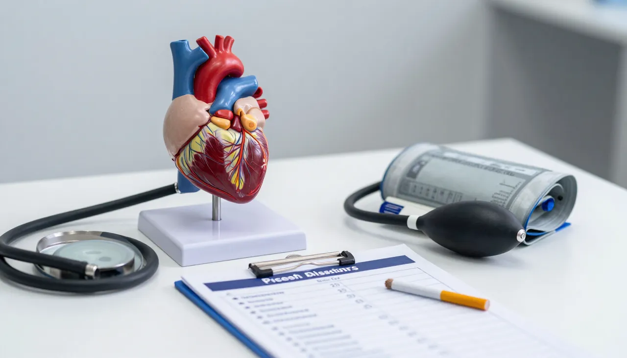 Anatomical heart model beside a blood pressure cuff and a risk-factor checklist on a clinic desk in Bhubaneswar — Heart Disease Risk Factors