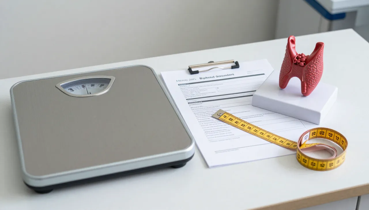 Bathroom scale and measuring tape beside a thyroid lab report and a thyroid neck model at a Bhubaneswar clinic — Obesity and Thyroid Disorders