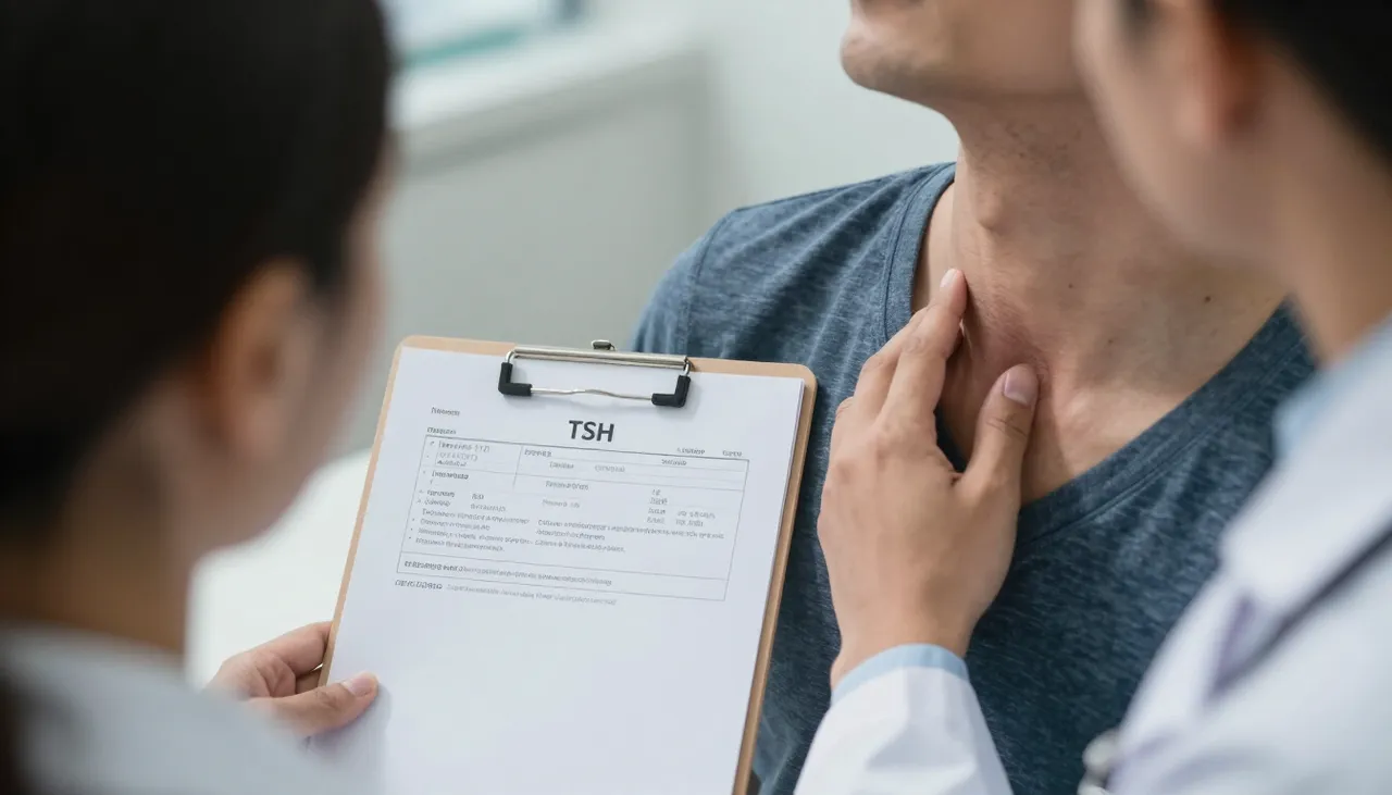 Doctor palpating a patient’s neck thyroid area with a lab report showing a low TSH value at a Bhubaneswar clinic — Hyperthyroidism