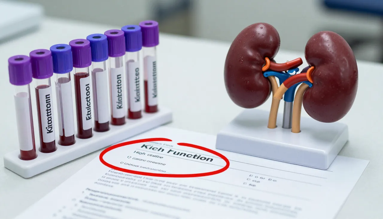 Kidney function lab report with a high creatinine value circled beside blood sample tubes and a kidney model at a Bhubaneswar clinic — High Creatinine