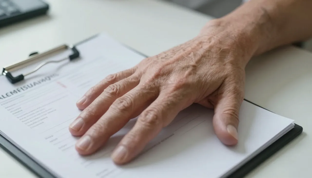 Close-up of an older adult’s resting hand with a fine tremor motion blur beside a neurological exam chart at a Bhubaneswar clinic — Tremor
