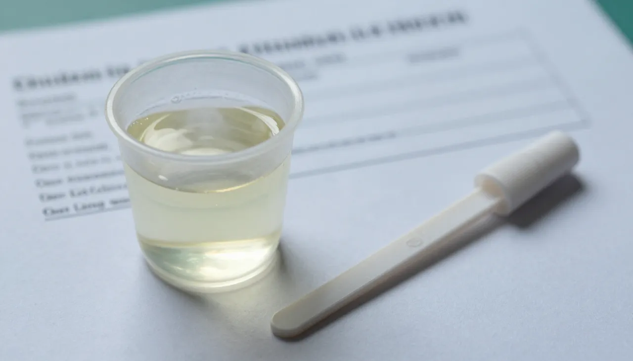 Urine sample cup showing cloudy urine beside a dipstick and a urine microscopy lab report at a Bhubaneswar clinic — Cloudy Urine