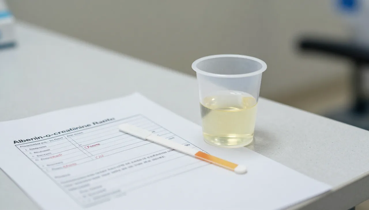 Urine sample cup with a dipstick and a lab report showing albumin-to-creatinine ratio values at a Bhubaneswar clinic — Urine ACR test