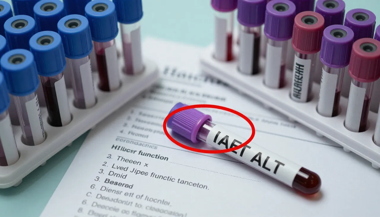 Liver function lab report with an elevated ALT value circled beside blood sample tubes at a Bhubaneswar clinic — Elevated ALT