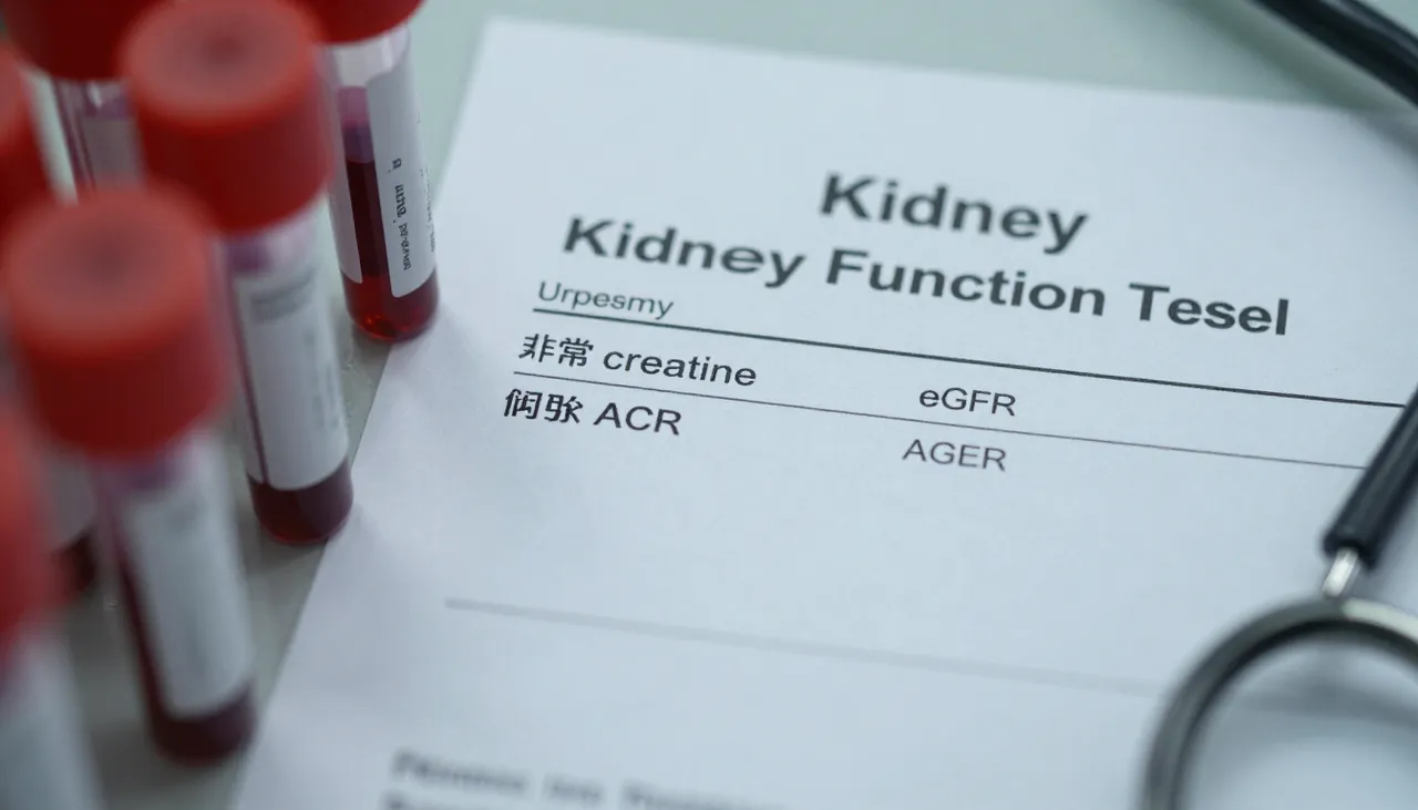 Kidney function test panel lab report showing abnormal creatinine, eGFR and urine ACR values beside blood and urine sample cups at a Bhubaneswar clinic — Abnormal Kidney Function Tests