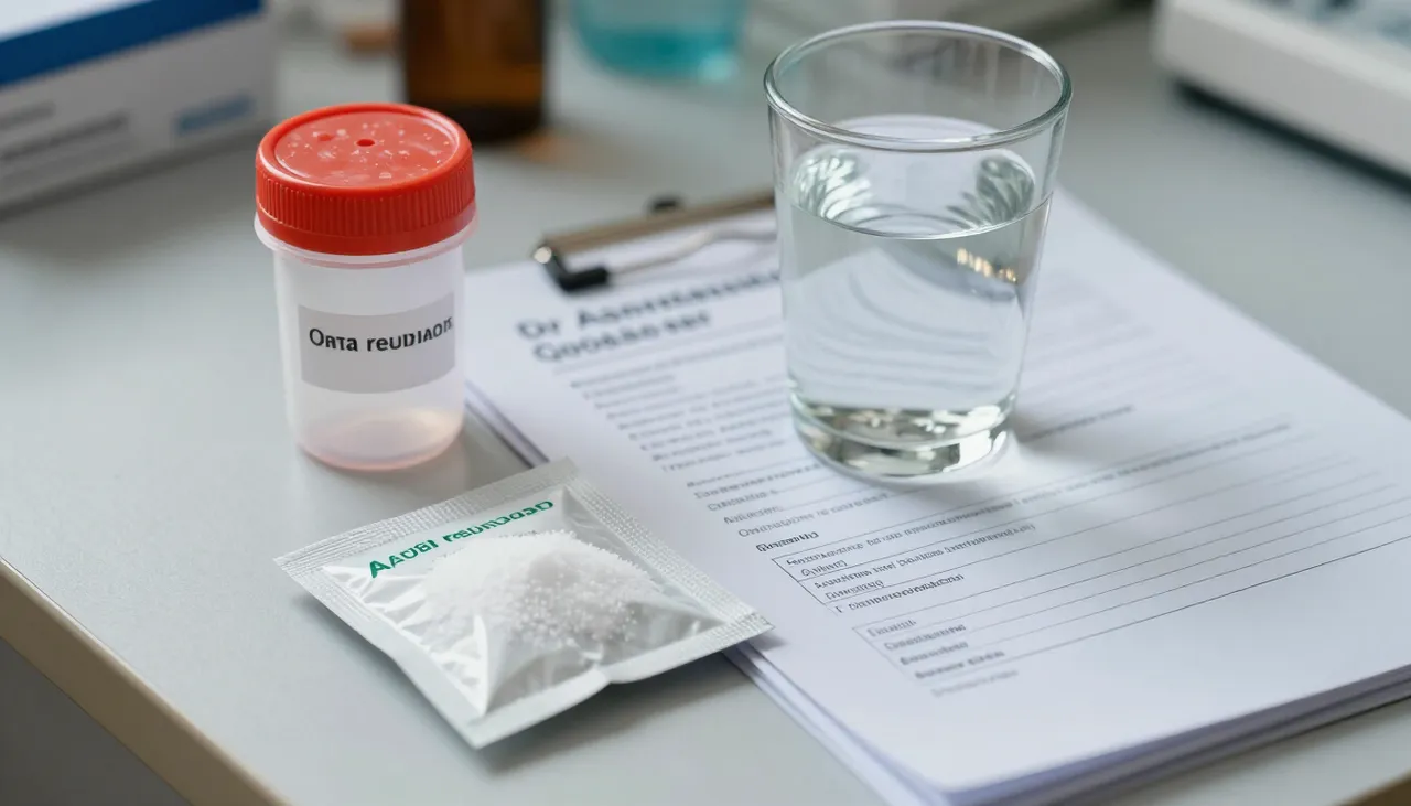 Oral rehydration salts sachet and a glass of water beside a stool sample container and lab report at a Bhubaneswar clinic — Acute Gastrointestinal Infection