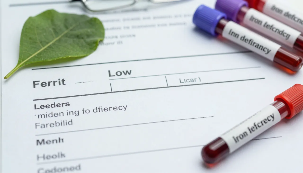 Ferritin lab report showing a low value beside an iron-rich foods leaflet and blood sample tubes at a Bhubaneswar clinic — Iron Deficiency