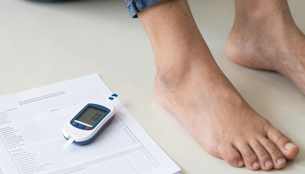 Person with swollen ankles beside a glucometer, a blood sugar lab report and a kidney reference card at a Bhubaneswar clinic — Swelling in Diabetes