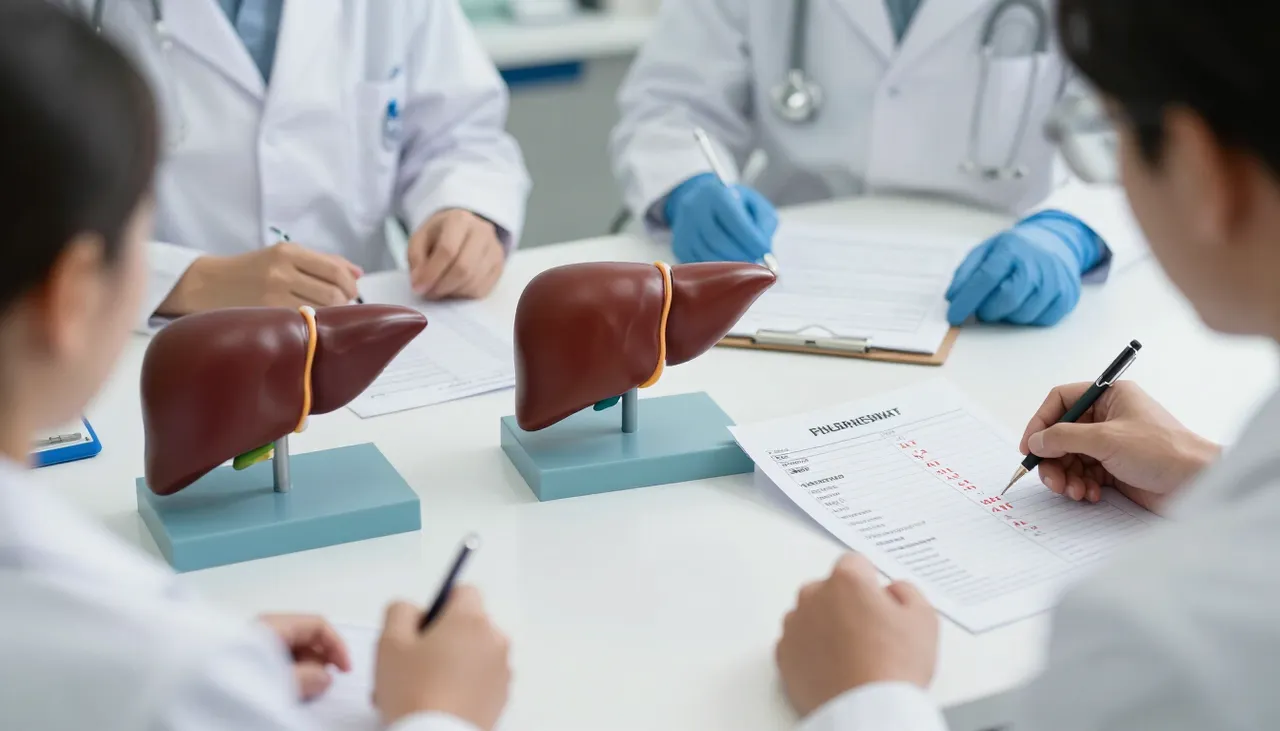 Group of liver enzyme lab reports with raised ALT and AST values highlighted beside a liver model and medication review list at a Bhubaneswar clinic — Elevated Liver Enzymes