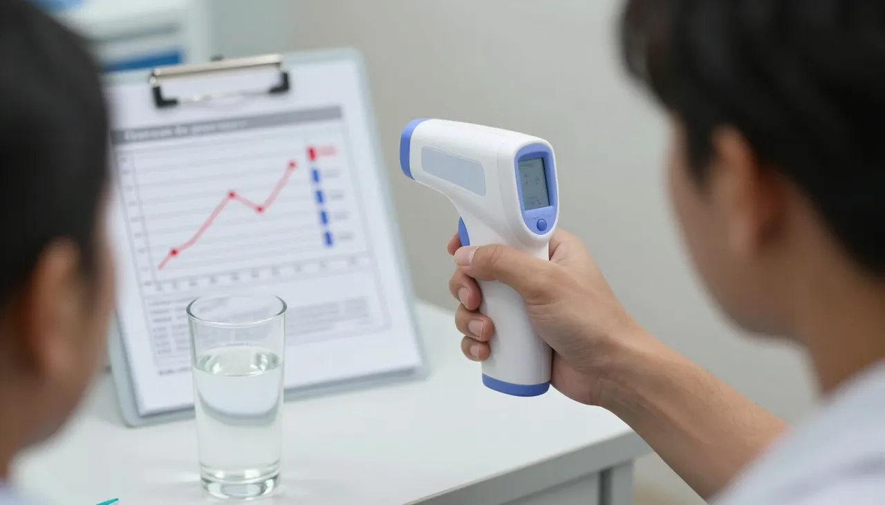 Forehead infrared thermometer in use on a patient with a fever symptom chart and oral rehydration salts at a Bhubaneswar clinic — Acute Fever