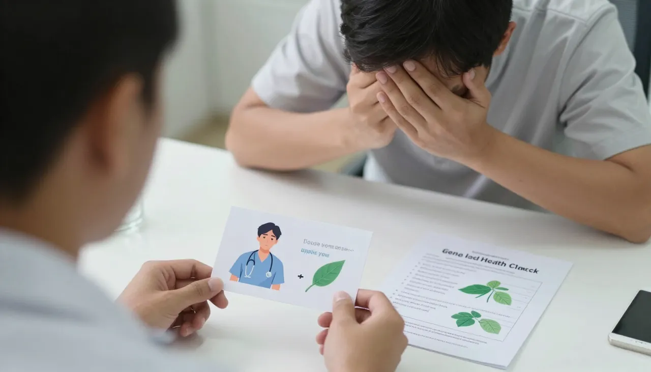 Person looking generally unwell and low in energy with a malaise illustration card and a general-health check leaflet at a Bhubaneswar clinic — Malaise
