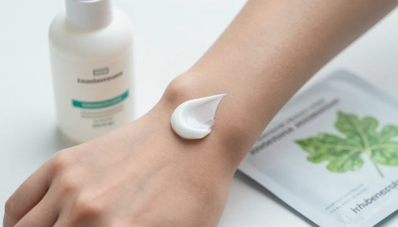 Close-up of flaky dry skin on the forearm beside a moisturiser lotion and a skin-care leaflet at a Bhubaneswar clinic — Dry Skin